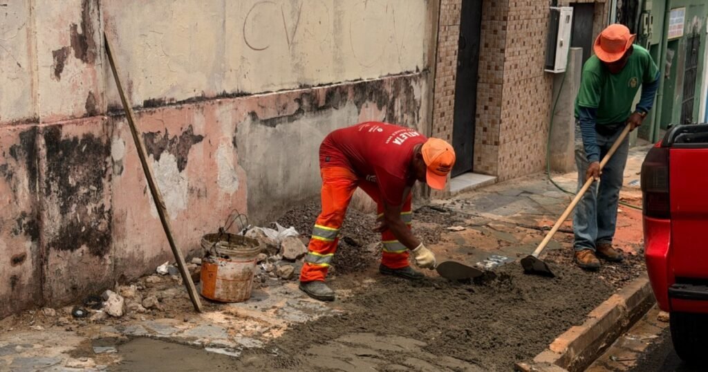 Rede de águas pluviais é recuperada durante reconstrução de passeio na Lima Bacuri
