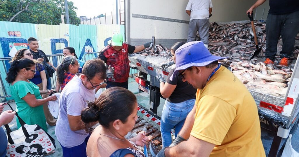 Campo de futebol e associação sediaram entrega de pescado na zona Leste de Manaus